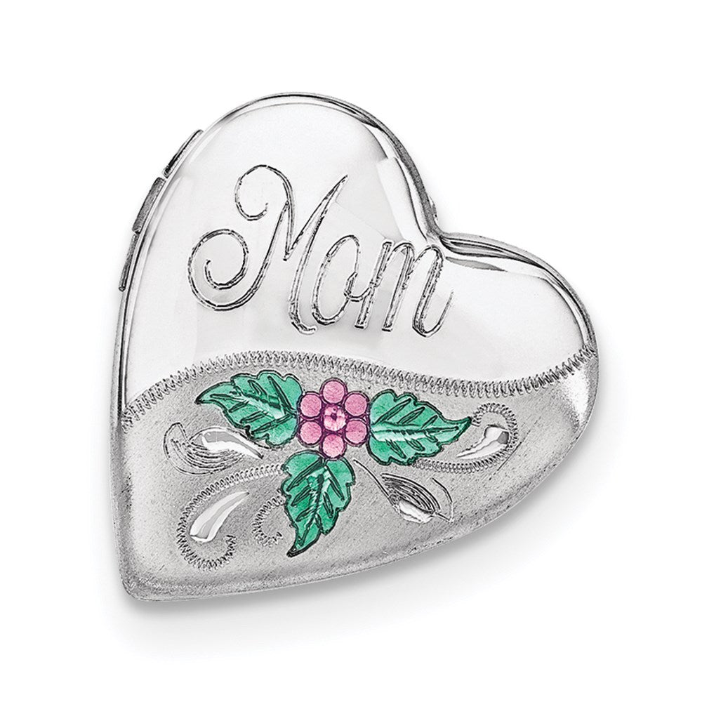 Sterling Silver Rhodium-Plated Mom W/Enamel Flower 20mm Falling Heart Locke