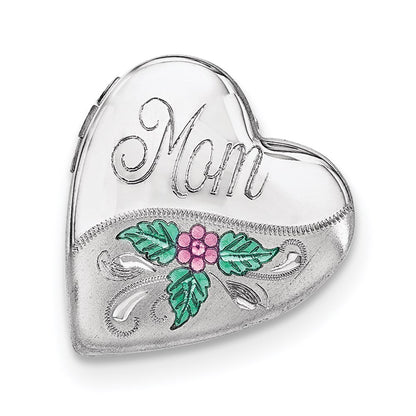 Sterling Silver Rhodium-Plated Mom W/Enamel Flower 20mm Falling Heart Locke