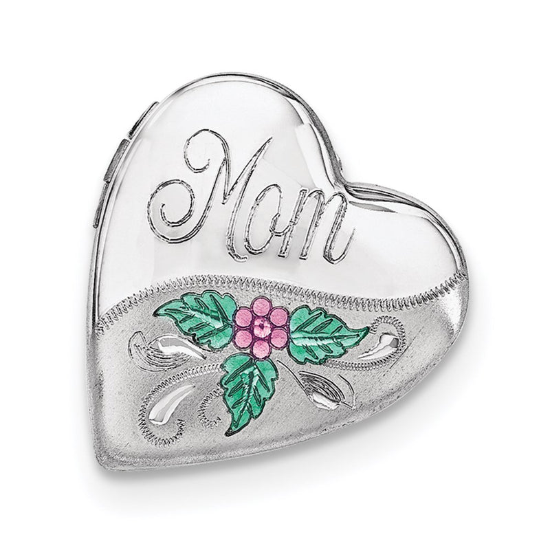 Sterling Silver Rhodium-Plated Mom W/Enamel Flower 20mm Falling Heart Locke