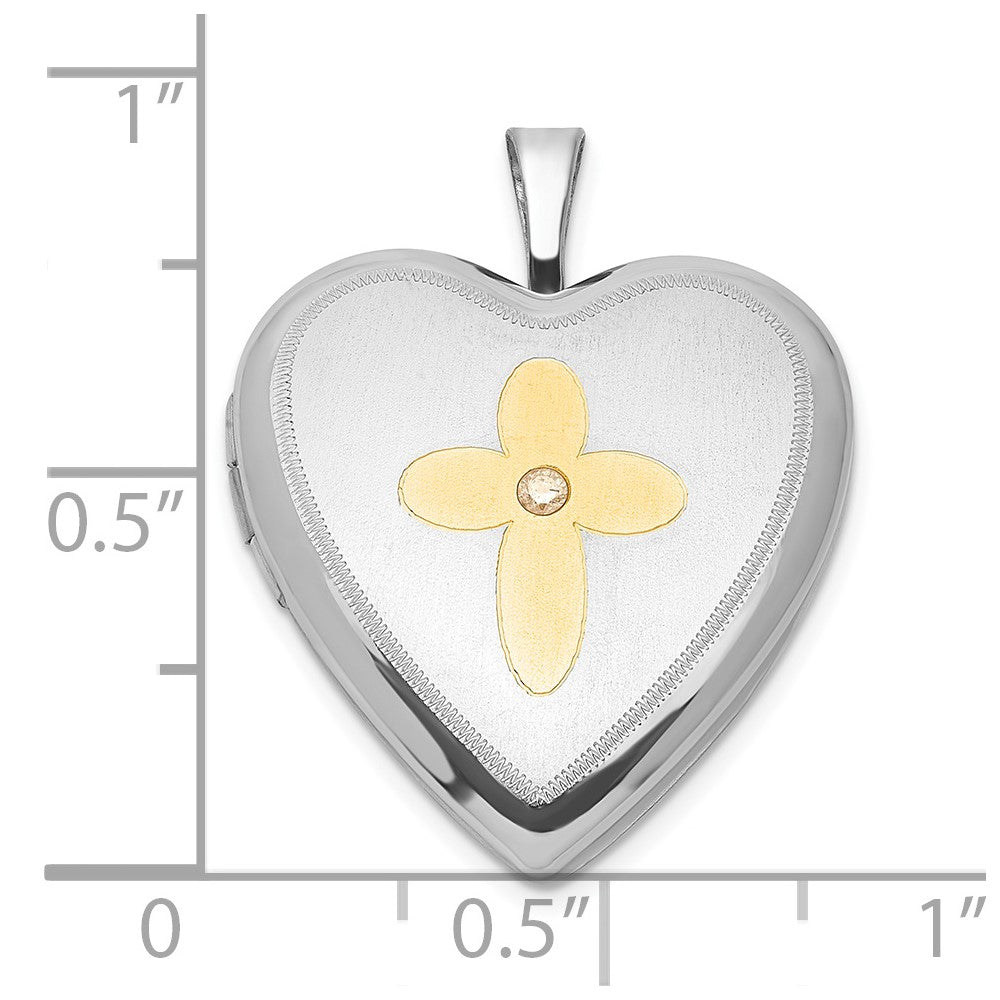 Sterling Silver Gold-Plated Diamond Cross 20mm Heart Locket