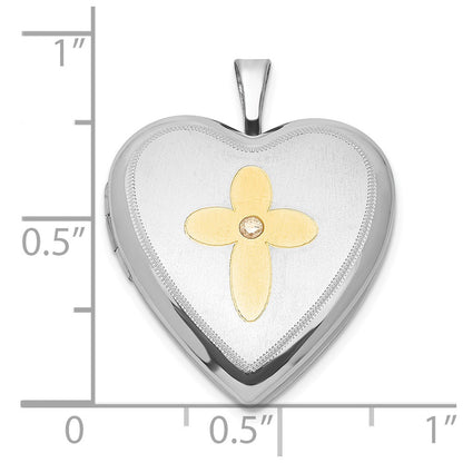 Sterling Silver Gold-Plated Diamond Cross 20mm Heart Locket