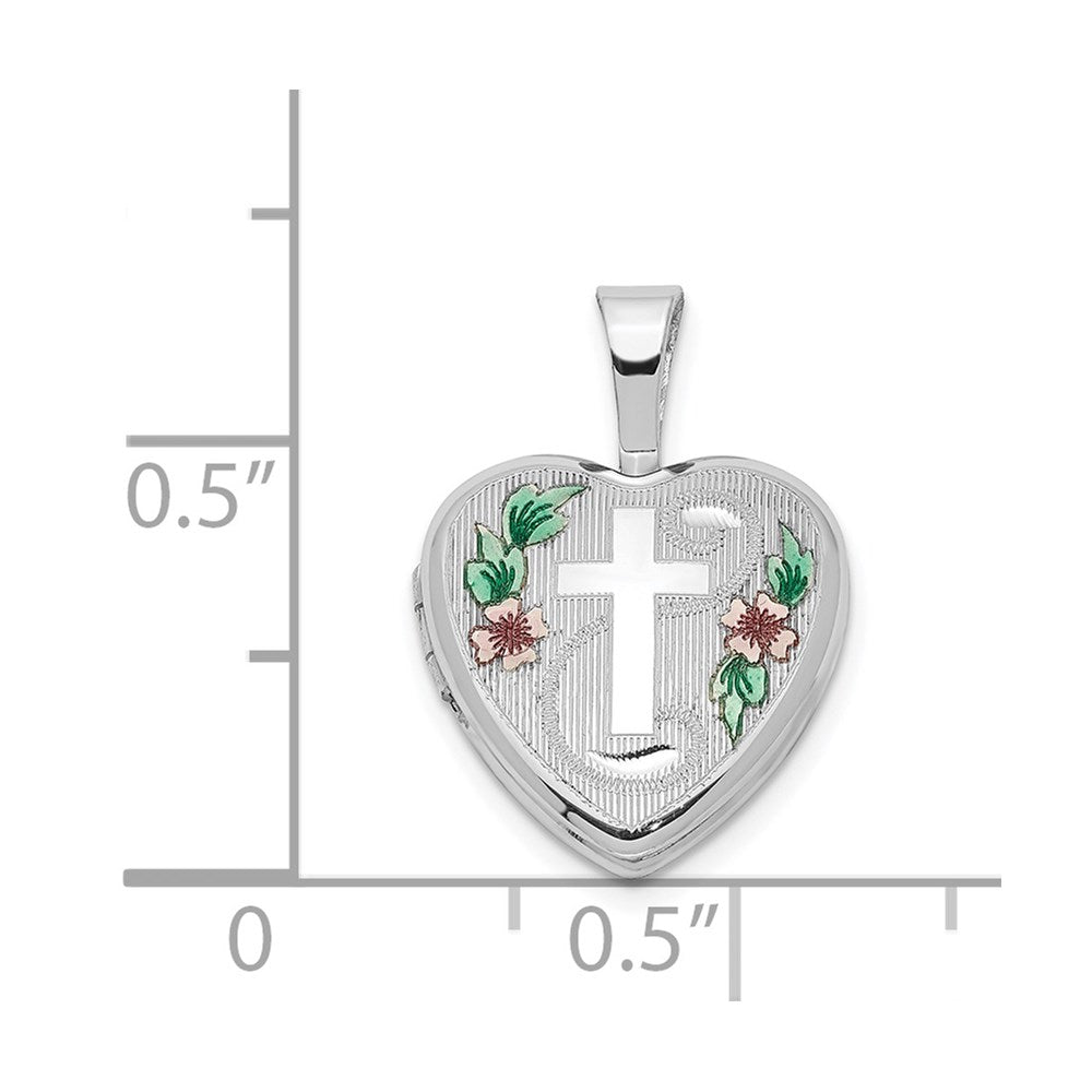 Sterling Silver Rhodium-Plated Cross W/ Enamel Flowers 12mm Heart Locket