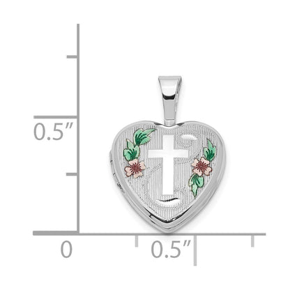 Sterling Silver Rhodium-Plated Cross W/ Enamel Flowers 12mm Heart Locket
