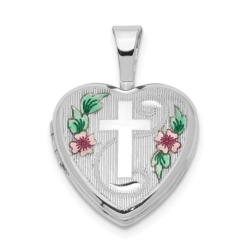 Sterling Silver Rhodium-Plated Cross W/ Enamel Flowers 12mm Heart Locket
