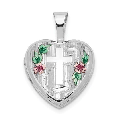 Sterling Silver Rhodium-Plated Cross W/ Enamel Flowers 12mm Heart Locket