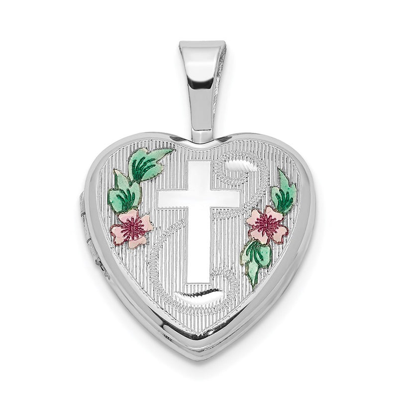 Sterling Silver Rhodium-Plated Cross W/ Enamel Flowers 12mm Heart Locket