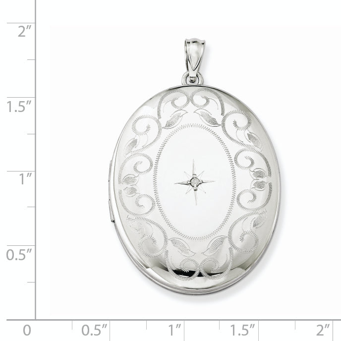Sterling Silver Rhodium-plated & Diamond w/ Swirl Border 34mm Oval Locket