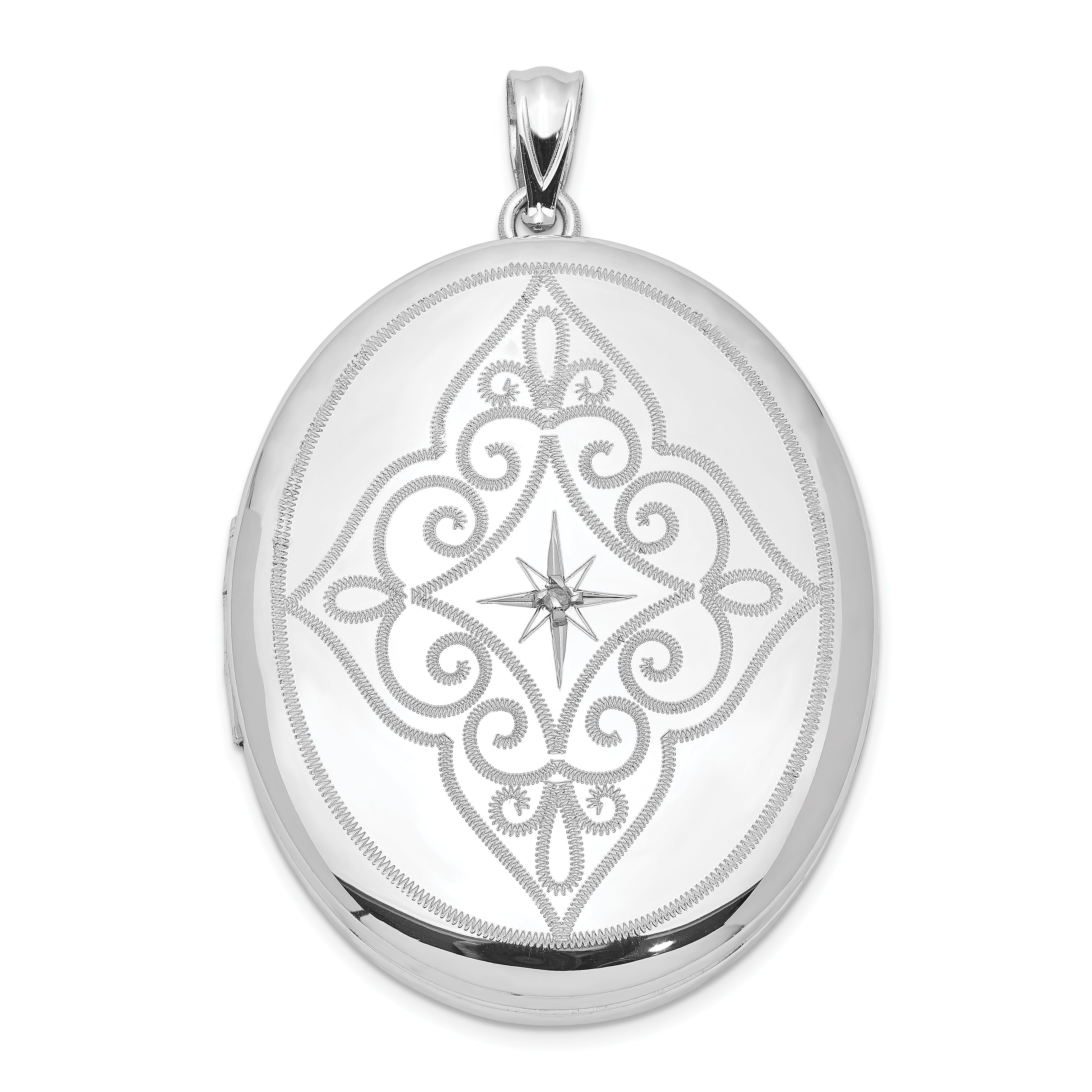 Sterling Silver Rhodium-plated & Diamond Center Swirl 34mm Oval Locket