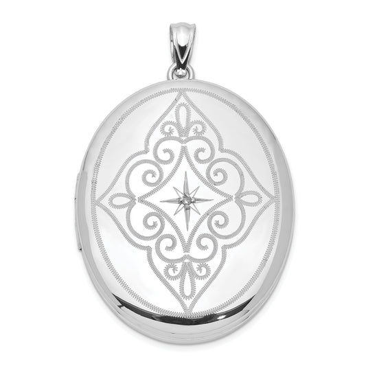 Sterling Silver Rhodium-plated & Diamond Center Swirl 34mm Oval Locket