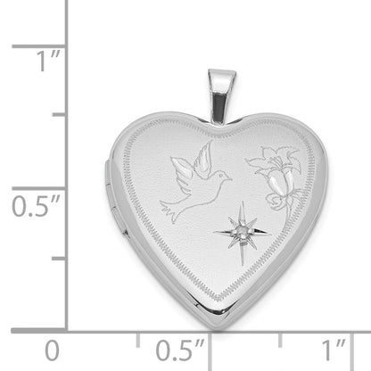 Sterling Silver Rhodium-Plated Diamond D/C Dove & Flower Heart Locket