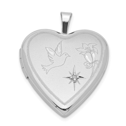 Sterling Silver Rhodium-Plated Diamond D/C Dove & Flower Heart Locket