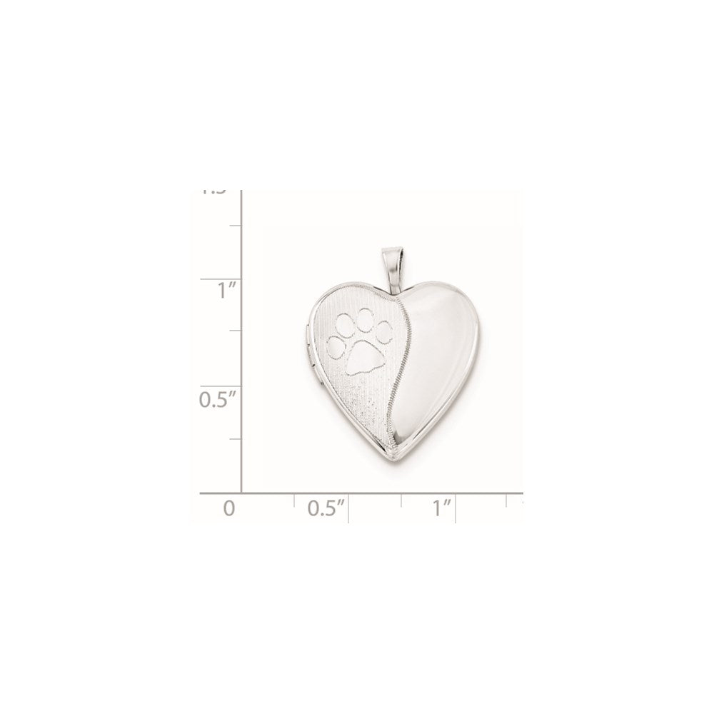 Sterling Silver Rhodium-Plated Satin & Polished Paw Prints Heart Locket