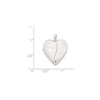 Sterling Silver Rhodium-Plated Satin & Polished Paw Prints Heart Locket