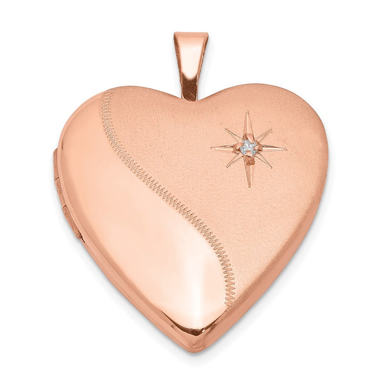 Sterling Silver Rose Gold-Plated Polished & Satin 20mm Diamond Heart Locket