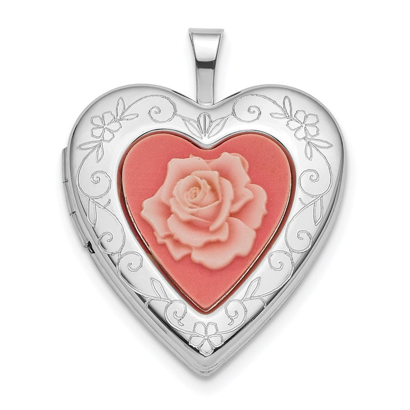 Sterling Silver Rhod-Pltd 20mm Pink Resin Rose Cameo Heart Locket