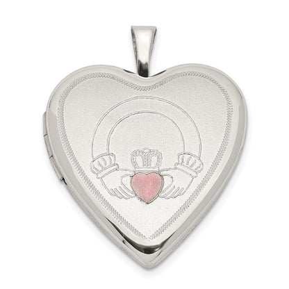 Sterling Silver 20mm Pink Enamel Claddagh Heart Locket