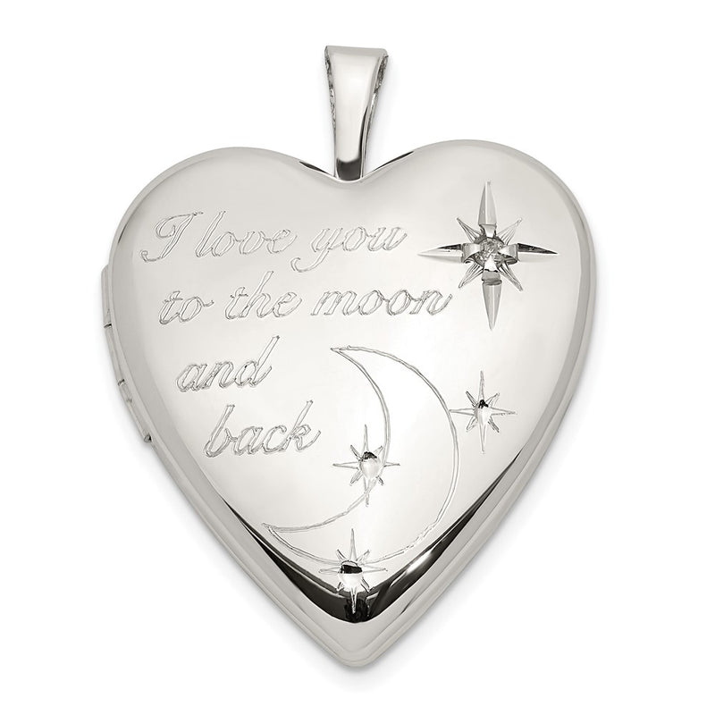 Sterling Silver Rhod-Pltd 20mm Love To The Moon Diamond Heart Locket