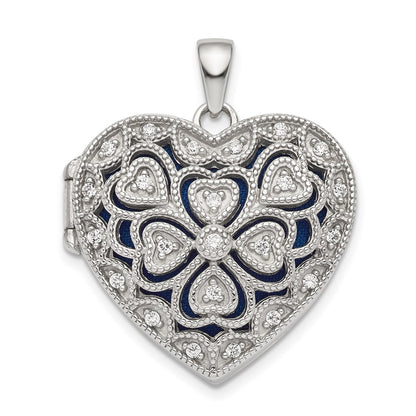 Sterling Silver Rhodium-Plated Fancy Cz Heart Locket