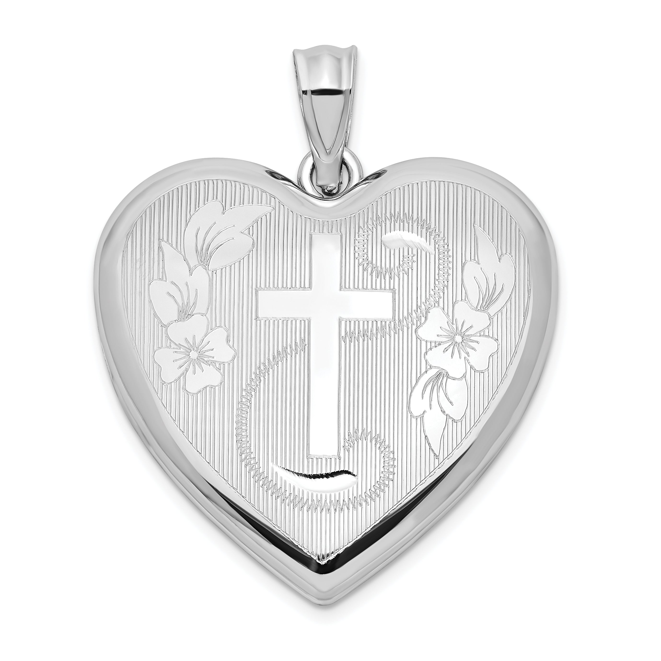 Sterling Silver Rhodium-Plated 24mm D/C Cross Ash Holder Heart Locket