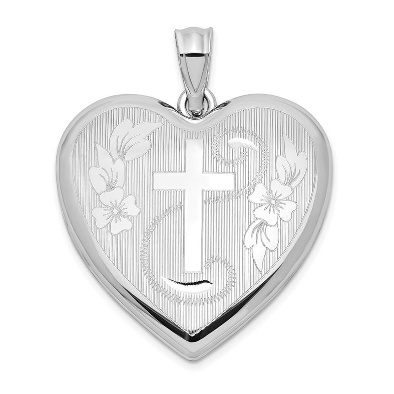 Sterling Silver Rhodium-Plated 24mm D/C Cross Ash Holder Heart Locket