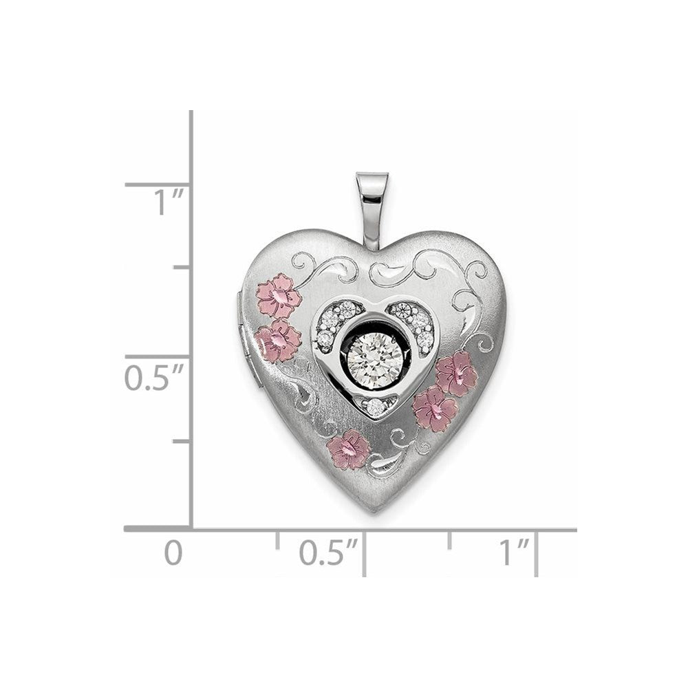 Sterling Silver Rh-Pltd Satin/polish Enamel 20mm Vibrant CZ Heart Locket