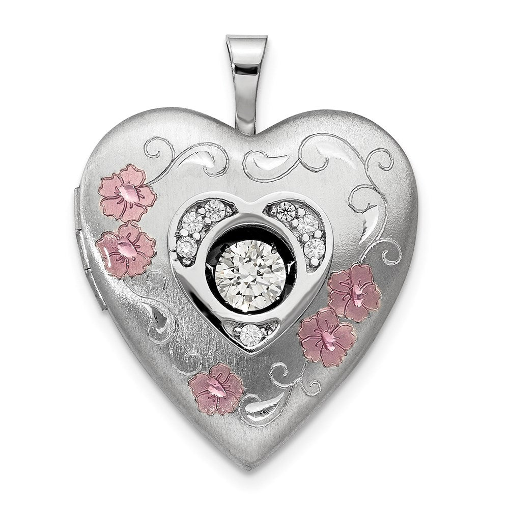 Sterling Silver Rh-Pltd Satin/polish Enamel 20mm Vibrant CZ Heart Locket