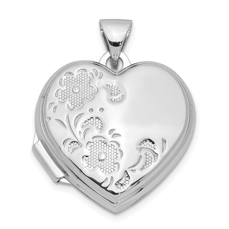 Sterling Silver Rhodium-Plated Textured 18mm Floral Heart Locket