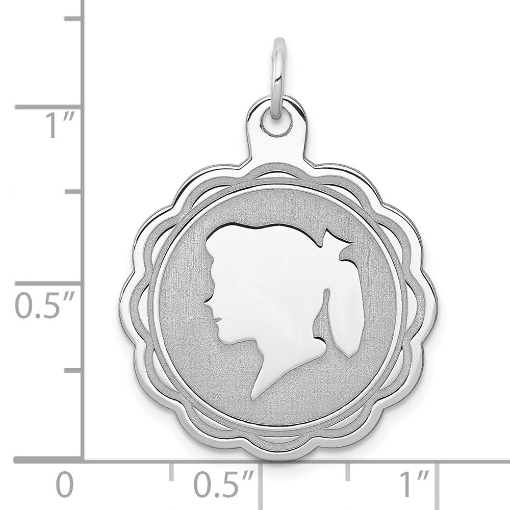 Sterling Silver Rhodium-Plated Engraveable Girl Disc Charm