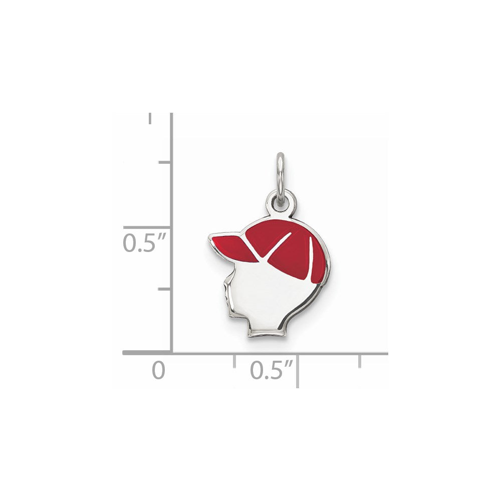 Sterling Silver Rhod-Plate Red Enamel Left Facing Boy Head Disc Charm