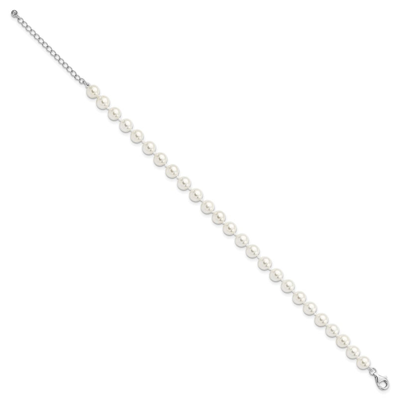 Sterling Silver Majestik Rhodium-Plated 7-8mm Imitation Shell Pearl And Cz 8.5 Inch Anklet With 2 Extender