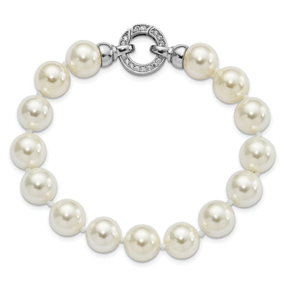 7.5 Inch Majestik Sterling Silver Rhodium-Plated 10-11mm White Imitation Shell Pearl Hand-Knotted Fancy Bracelet