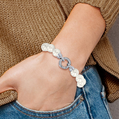 7.5 Inch Majestik Sterling Silver Rhodium-Plated 10-11mm White Imitation Shell Pearl Hand-Knotted Fancy Bracelet
