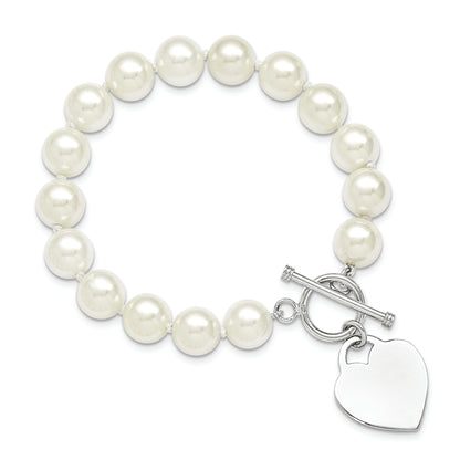 8 Inch Majestik Sterling Silver Rhodium-Plated 10-11mm White Imitation Shell Pearl Engravable Heart Hand-Knotted Bracelet