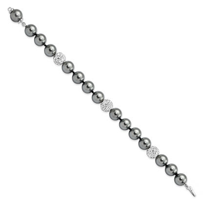 8 Inch Majestik Sterling Silver Rhodium-Plated 10-11mm Dark Grey Imitation Shell Pearl Crystal Hand-Knotted Bracelet