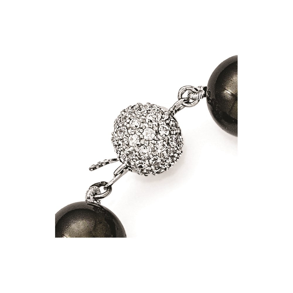 Sterling Silver S Majestik Rh-Pl 12-13mm Blk Imitat Shell Pearl W/Cz Clasp Bracele