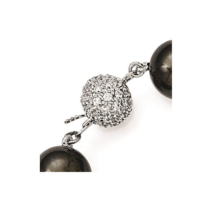 Sterling Silver S Majestik Rh-Pl 12-13mm Blk Imitat Shell Pearl W/Cz Clasp Bracele