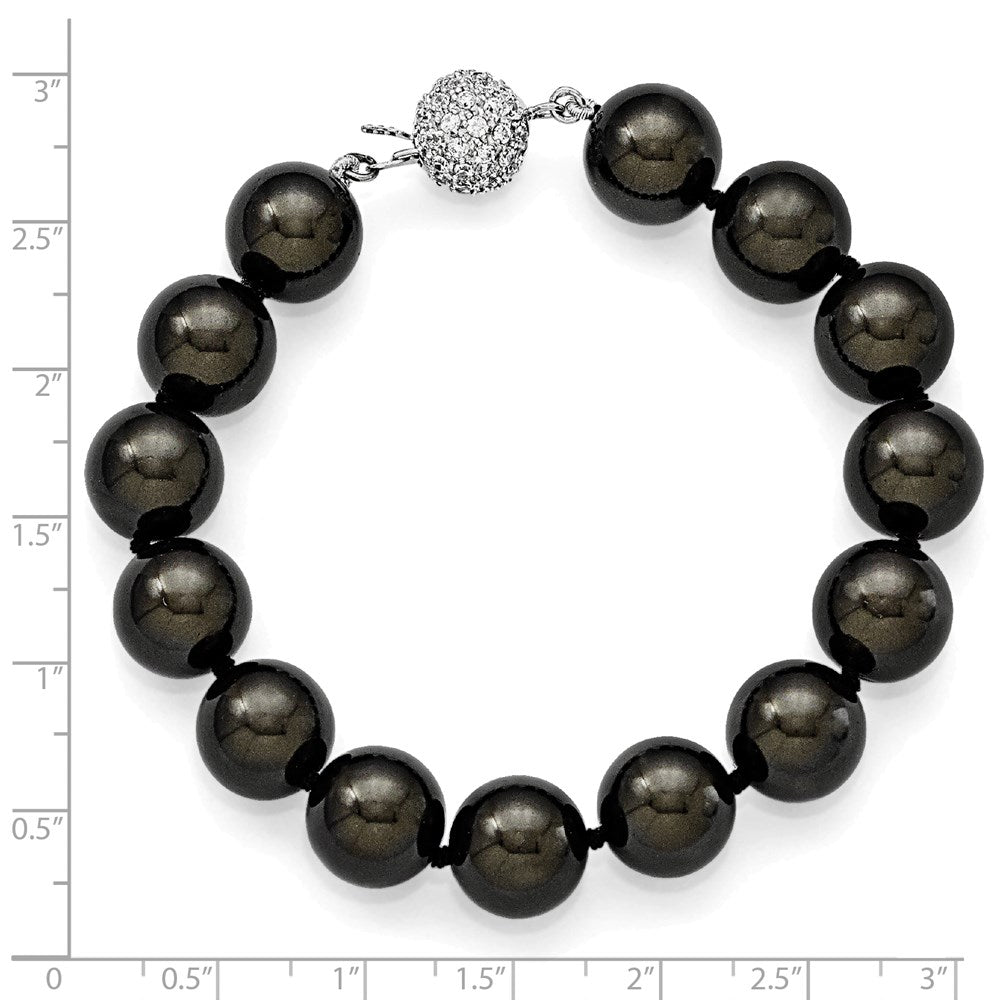 Sterling Silver S Majestik Rh-Pl 12-13mm Blk Imitat Shell Pearl W/Cz Clasp Bracele