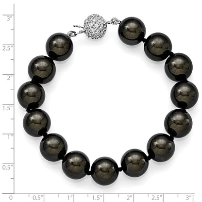 Sterling Silver S Majestik Rh-Pl 12-13mm Blk Imitat Shell Pearl W/Cz Clasp Bracele