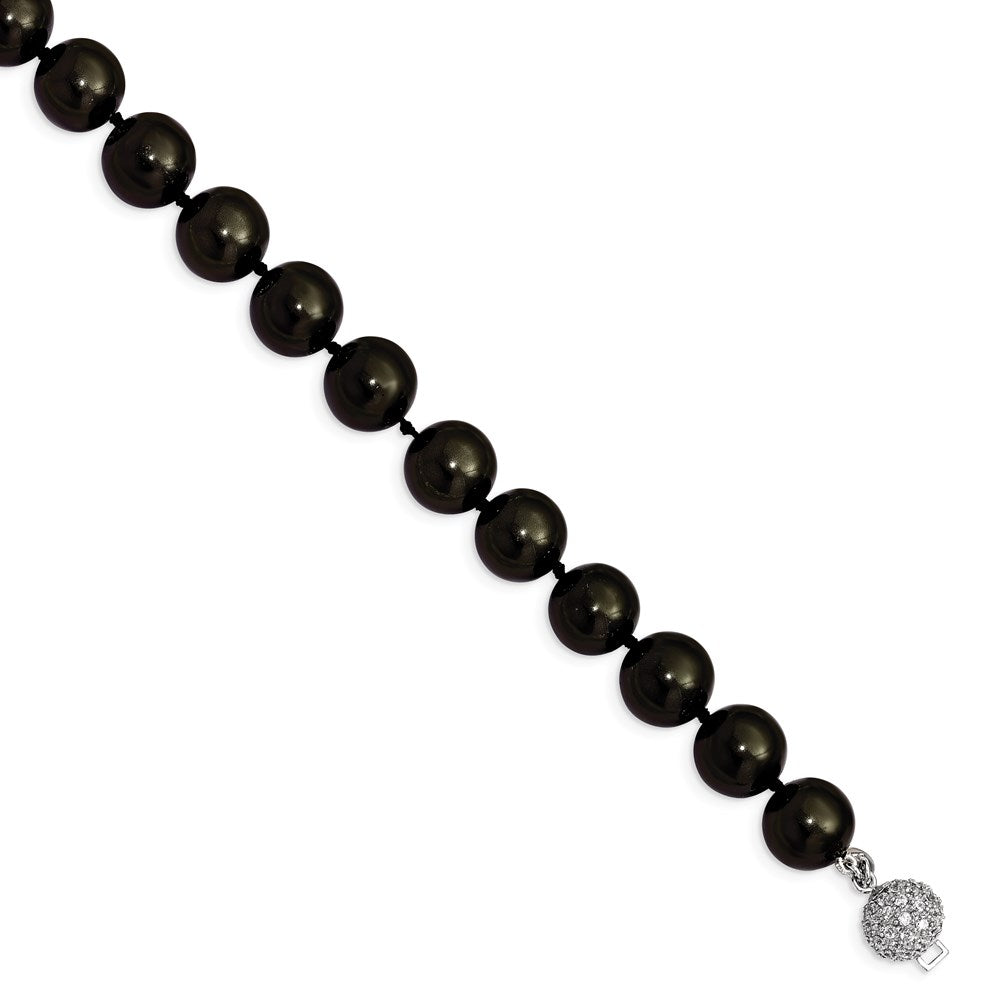 Sterling Silver S Majestik Rh-Pl 12-13mm Blk Imitat Shell Pearl W/Cz Clasp Bracele