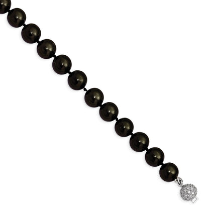 Sterling Silver S Majestik Rh-Pl 12-13mm Blk Imitat Shell Pearl W/Cz Clasp Bracele
