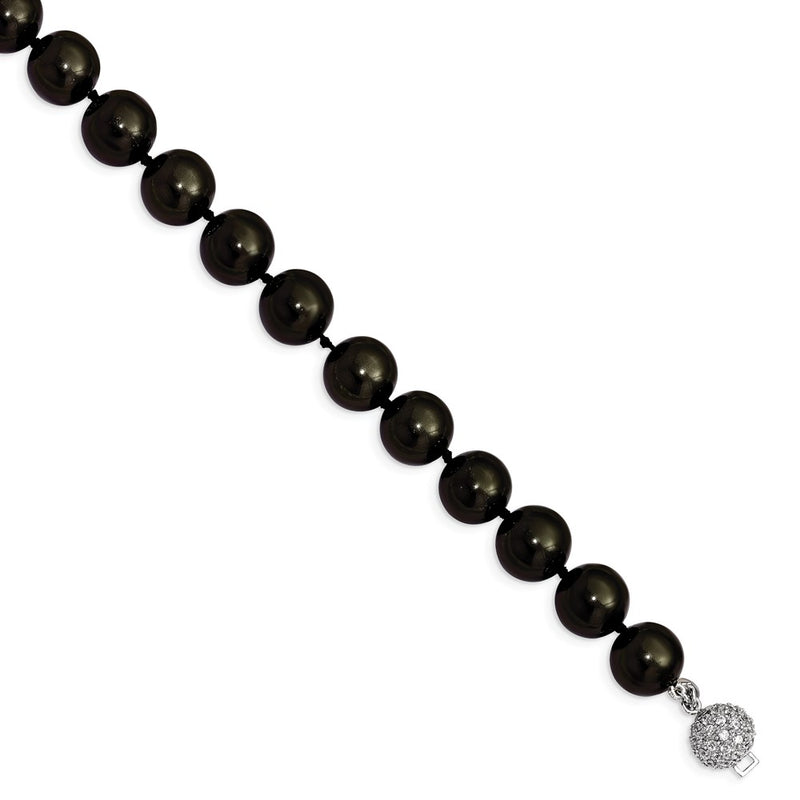 Sterling Silver S Majestik Rh-Pl 12-13mm Blk Imitat Shell Pearl W/Cz Clasp Bracele