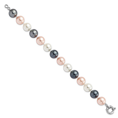 7.5 Inch Majestik Sterling Silver Rhodium-Plated 12-13mm Multi-Color Imitation Shell Pearl Hand-Knotted Bracelet