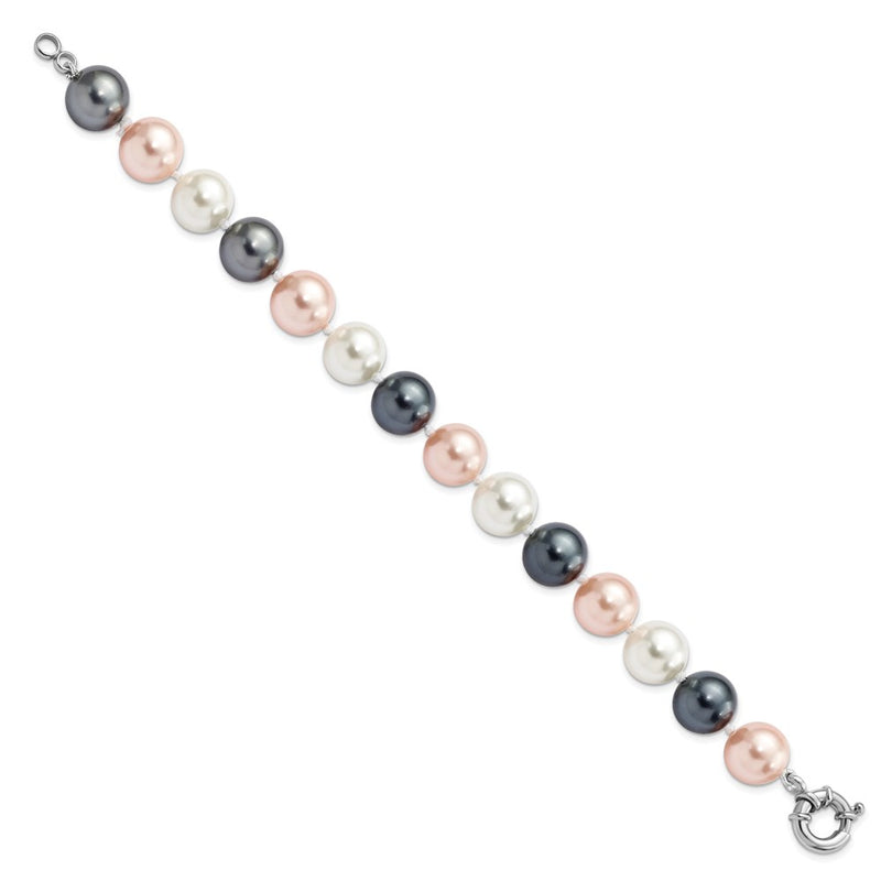 7.5 Inch Majestik Sterling Silver Rhodium-Plated 12-13mm Multi-Color Imitation Shell Pearl Hand-Knotted Bracelet