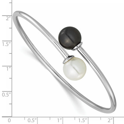 Sterling Silver Rh-Plat 10-11mm Wht Blk Imitat Shell Pearl Bangle Bracelet