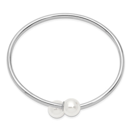 7 Inch Majestik Sterling Silver Rhodium-Plated 10-11mm White Imitation Shell Pearl Bangle Bracelet