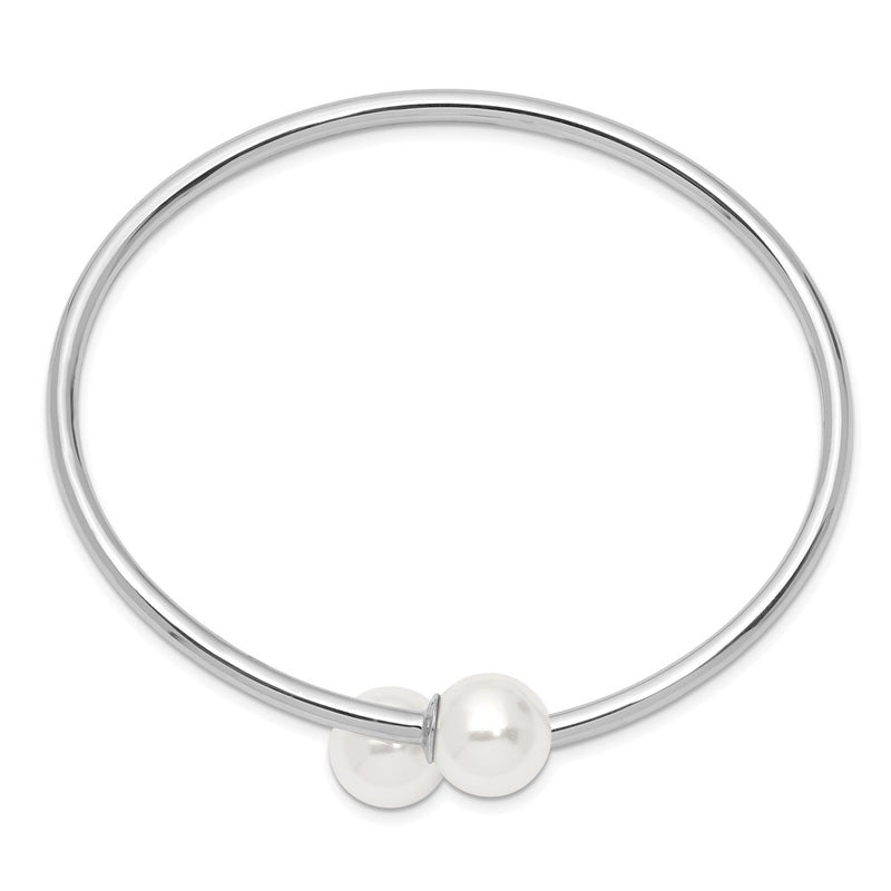 7 Inch Majestik Sterling Silver Rhodium-Plated 10-11mm White Imitation Shell Pearl Bangle Bracelet