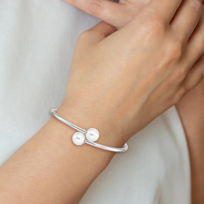 7 Inch Majestik Sterling Silver Rhodium-Plated 10-11mm White Imitation Shell Pearl Bangle Bracelet