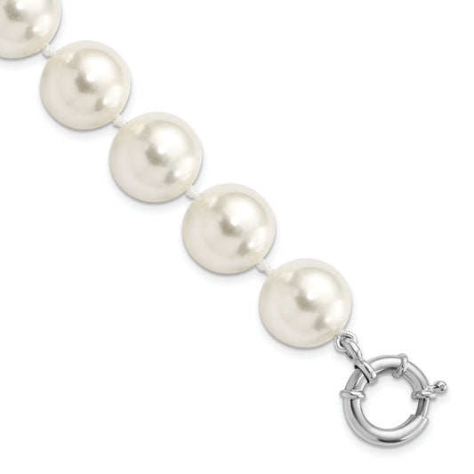7.5 Inch Majestik Sterling Silver Rhodium-Plated 14-15mm White Imitation Shell Pearl Hand-Knotted Bracelet