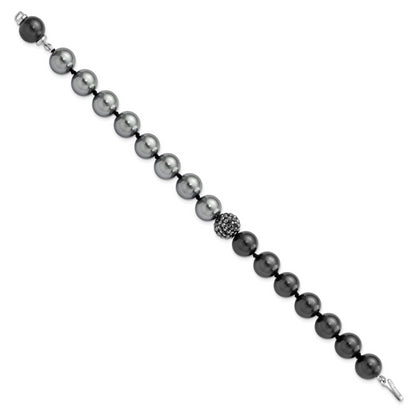 7.5 Inch Majestic Sterling Silver Rhodium-Plated 10-11mm Dk Grey/Black Imitation Shell Pearl Crystal Hand-Knotted Bracelet
