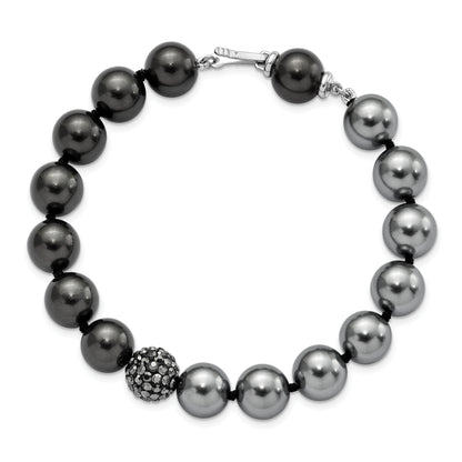 7.5 Inch Majestic Sterling Silver Rhodium-Plated 10-11mm Dk Grey/Black Imitation Shell Pearl Crystal Hand-Knotted Bracelet